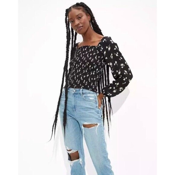 American Eagle Peasant Blouse Elastic Body Blk/Floral Print, Long Sleeve, Sz M - Picture 3 of 10